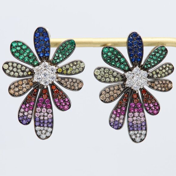 Large Flower Earrings Sterling Silver Multi Color Stones Chandelier Earring - Picture 8 of 9